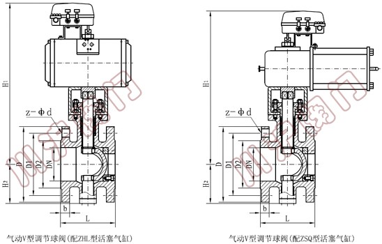 气动V型调节球阀 外形连接尺寸